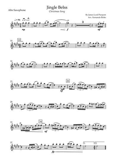 Jingle Bells - Jazz Version (Christmas Song) for Alto Saxophone Solo (arr. Fernando Britto)