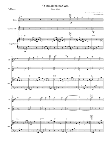 O Mio Babbino Caro (Puccini) for Flute, Clarinet in Bb & Harp/Piano with Chords (arr. Fernando Britto)