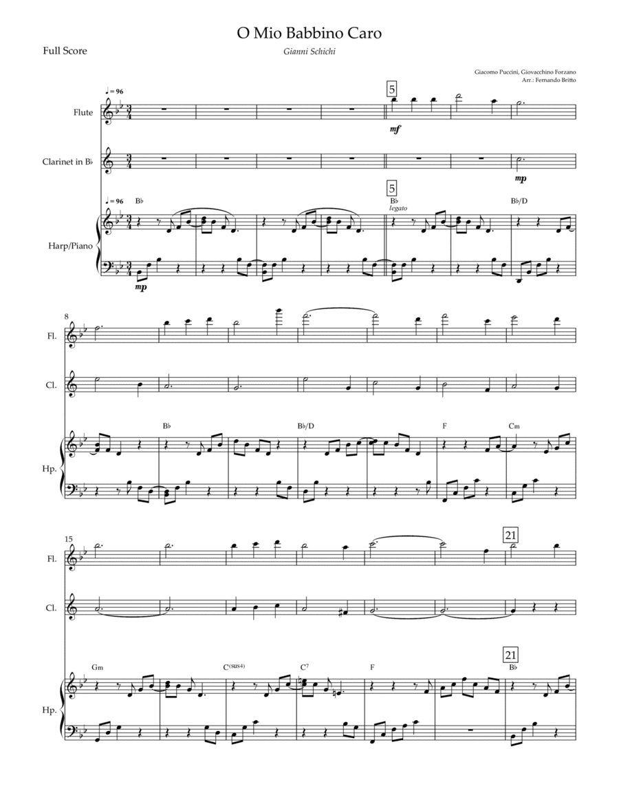 O Mio Babbino Caro (Puccini) for Flute, Clarinet in Bb & Harp/Piano with Chords (arr. Fernando Britto)