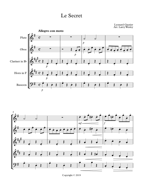 Wind Quintet: Le Secret (arr. Larry Wesley)