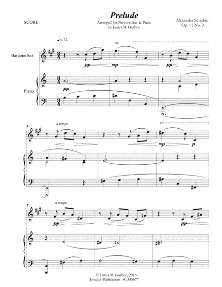 Scriabin: Prelude Op. 11 No. 2 for Baritone Sax & Piano (arr. James M. Guthrie, ASCAP)