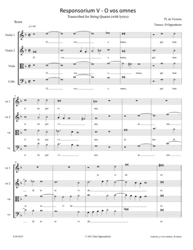 Victoria: Responsorium V - O vos omnes. Arr. for String Quartet (arr. D Oppenheim)
