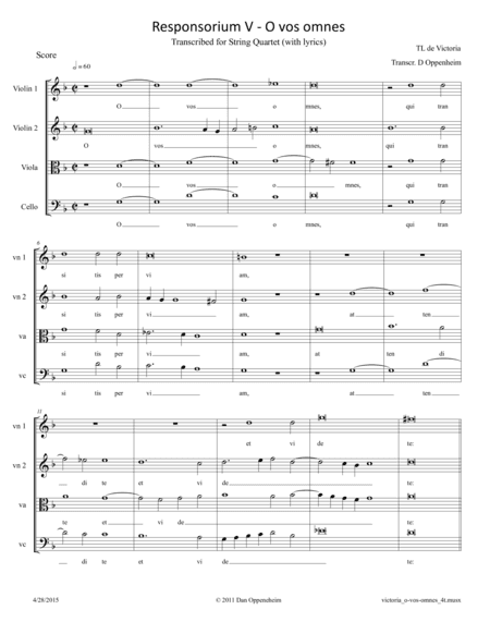 Victoria: Responsorium V - O vos omnes. Arr. for String Quartet (arr. D Oppenheim)