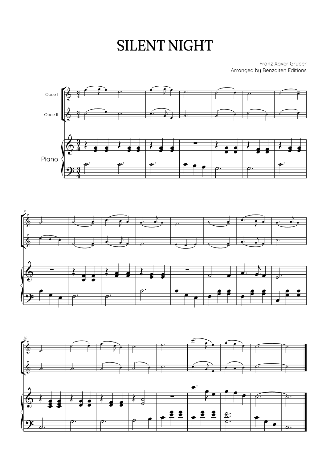 Silent Night for oboe duet with piano accompaniment • easy Christmas song sheet music (arr. Benzaiten Editions)