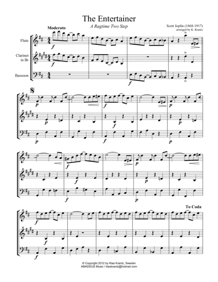 The Entertainer, Ragtime (easy, abridged) for wind trio (fl, cl, bsn) (arr. Klas Krantz)