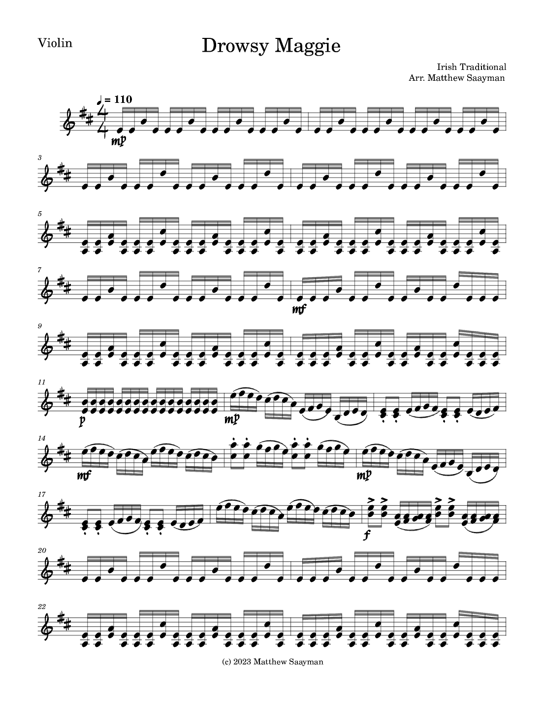 Drowsy Maggie for Virtuoso Solo Violin (arr. Matthew Saayman)