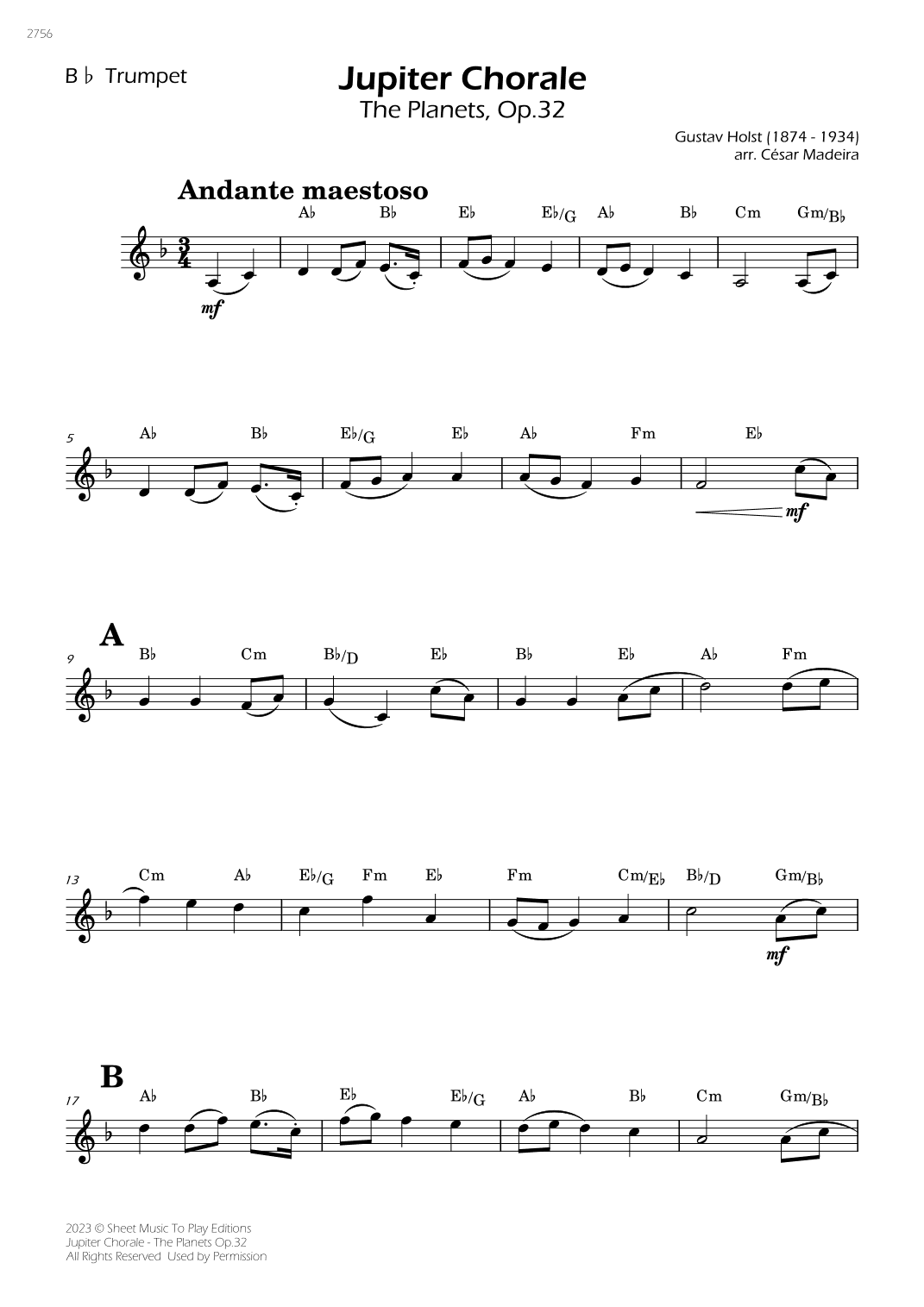 Jupiter Chorale from The Planets - Bb Trumpet Solo - W/Chords (arr. César Madeira)