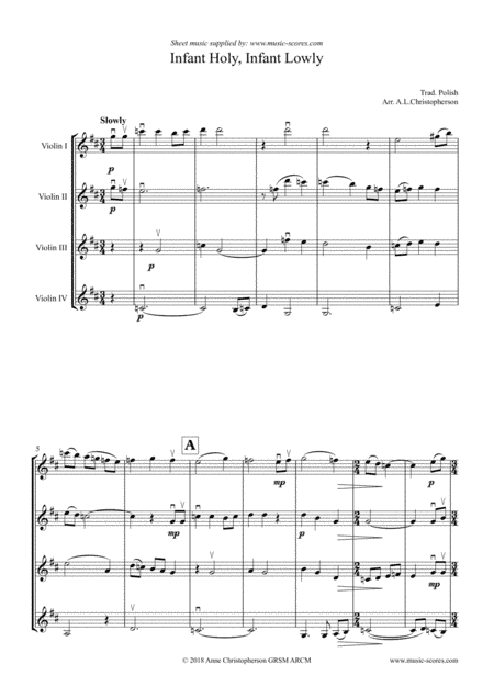 Infant Holy, Infant Lowly - 4 Violins (arr. Anne L Christopherson GRSM ARCM)