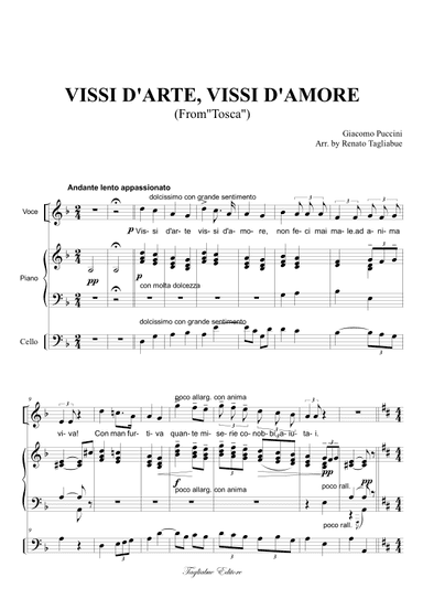 VISSI D'ARTE, VISSI D'AMORE From Tosca - For Sopr.+Pf (Arranged with a part for Cello (ad libitum)) (arr. Renato Tagliabue)