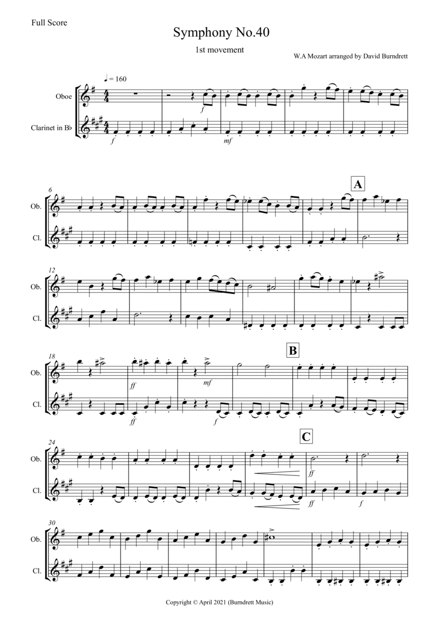 Symphony No.40 (1st movement) for Oboe and Clarinet Duet (arr. David Burndrett)