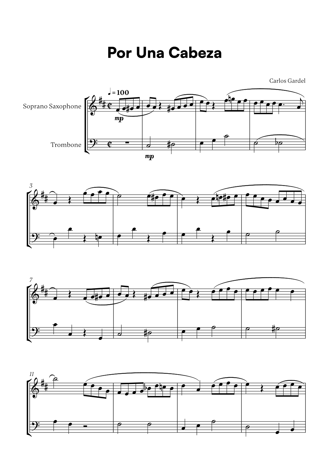 Carlos Gardel - Por Una Cabeza for Soprano Saxophone and Trombone (arr. Cadenza Editions)