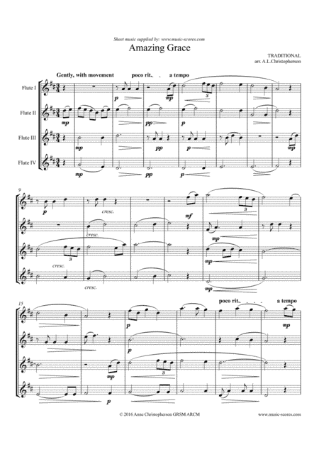 Amazing Grace - Flute Quartet - Intermediate (arr. Anne L Christopherson GRSM ARCM)