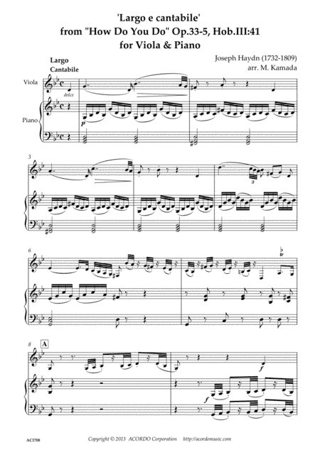 Largo e cantabile’ from ’How Do You Do’ Op.33-5, Hob.III:41 for Viola & Piano (arr. Kamada, Mikio)