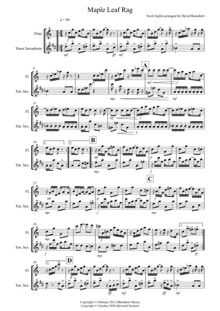Maple Leaf Rag for Flute and Tenor Saxophone Duet (arr. David Burndrett)