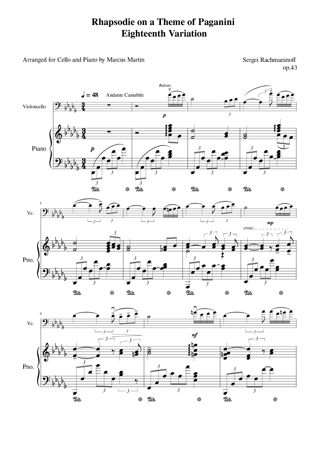 Rhapsody on a Theme of Paganni Eighteenth Variation arranged for Cello and Piano (arr. Marcus Martin)