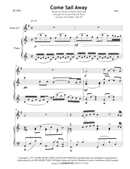 Come Sail Away (arr. James M. Guthrie, ASCAP)