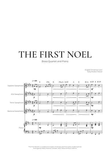 The First Noel (Saxophone Quartet and Piano) - Christmas Carol (arr. Pedro Merendi)
