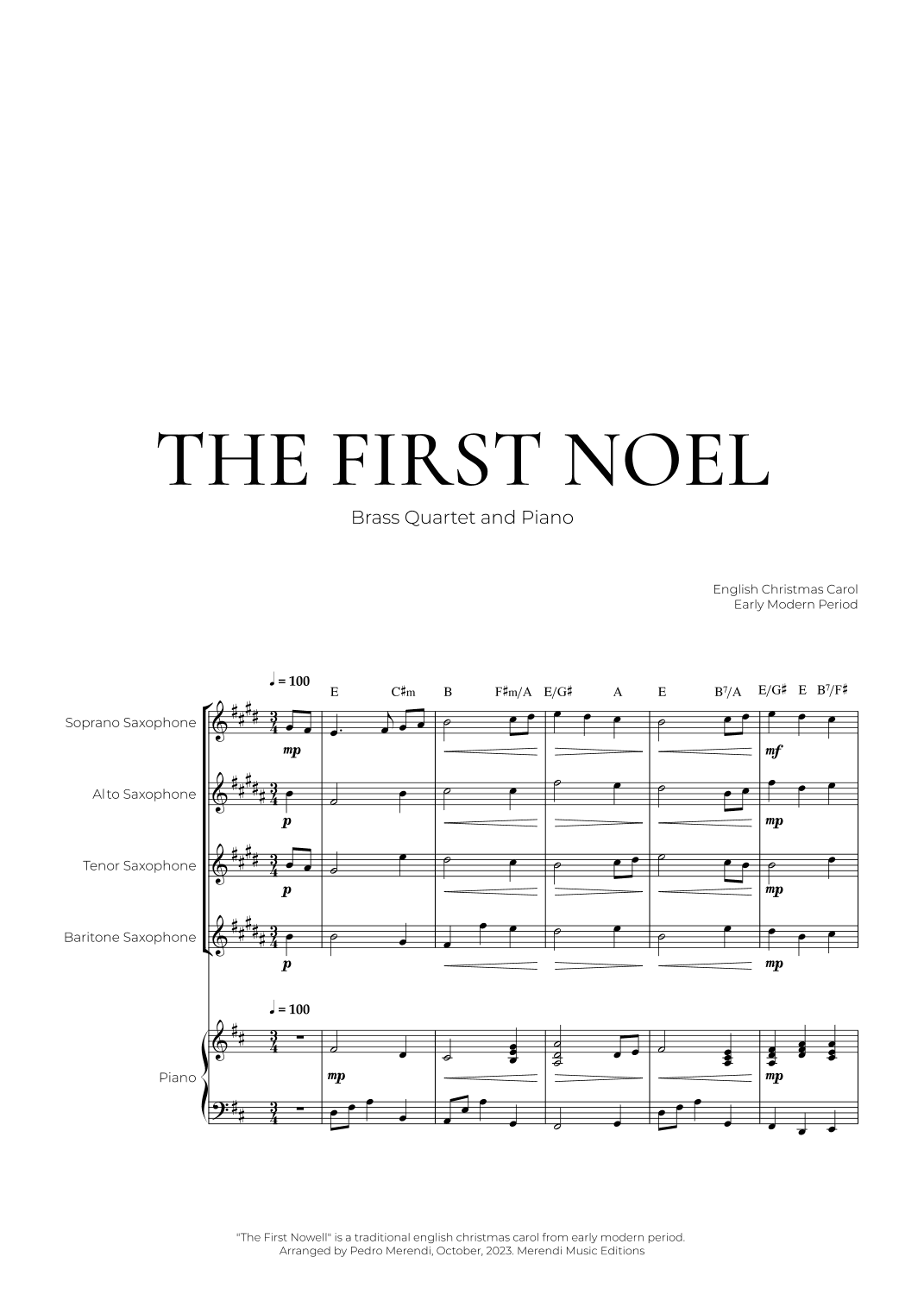 The First Noel (Saxophone Quartet and Piano) - Christmas Carol (arr. Pedro Merendi)