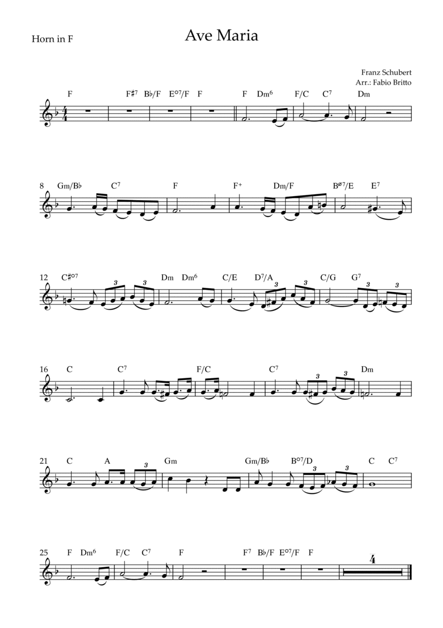 Ave Maria (Franz Schubert) for Horn in F Solo with Chords (Simplified) (arr. Fabio Britto)