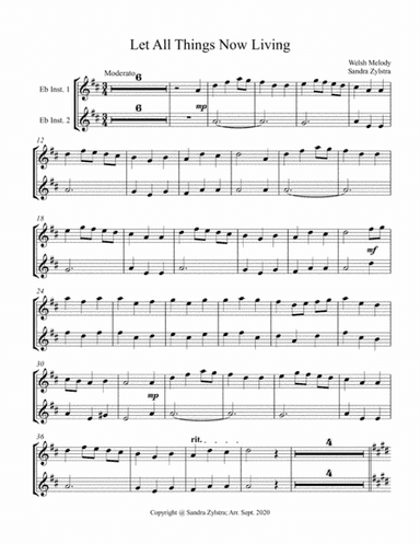 Let All Things Now Living (treble Eb instrument duet -parts only) (arr. Sandra Zylstra)