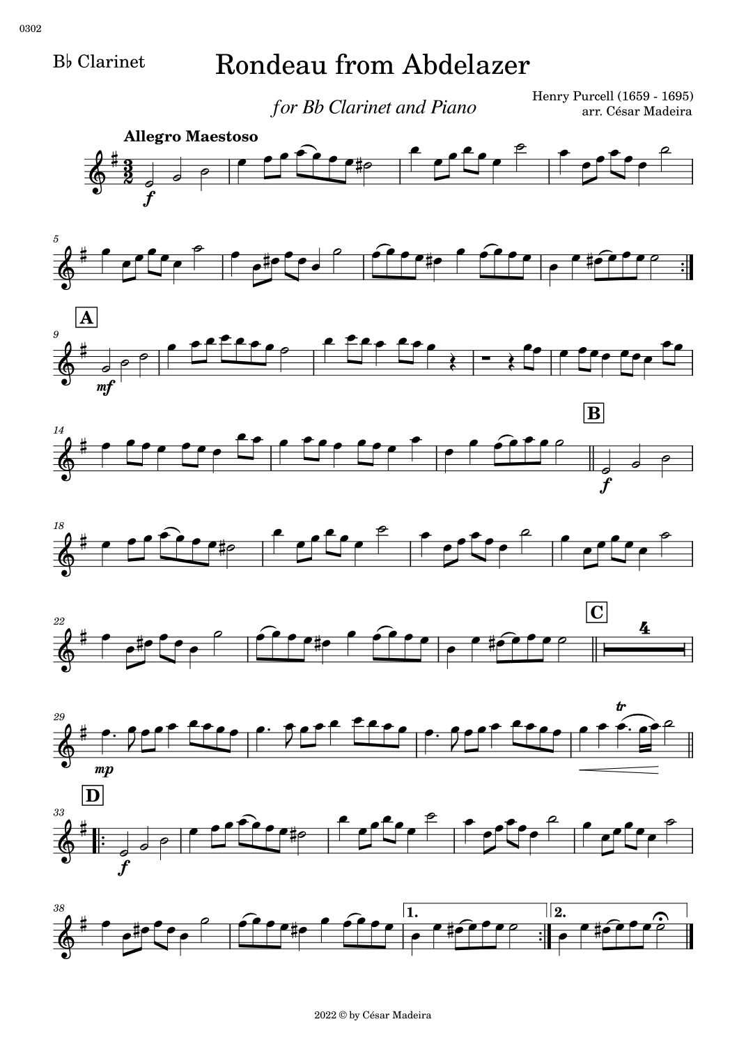 Rondeau from Abdelazer - Bb Clarinet and Piano (Individual Parts) (arr. César Madeira)
