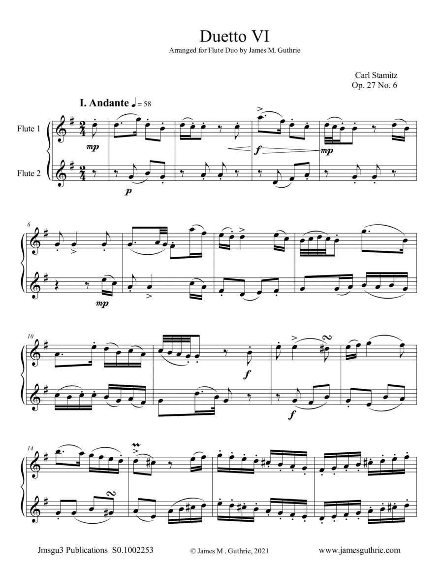 Stamitz: Duet Op. 27 No. 6 for Flute Duo (arr. James M. Guthrie)