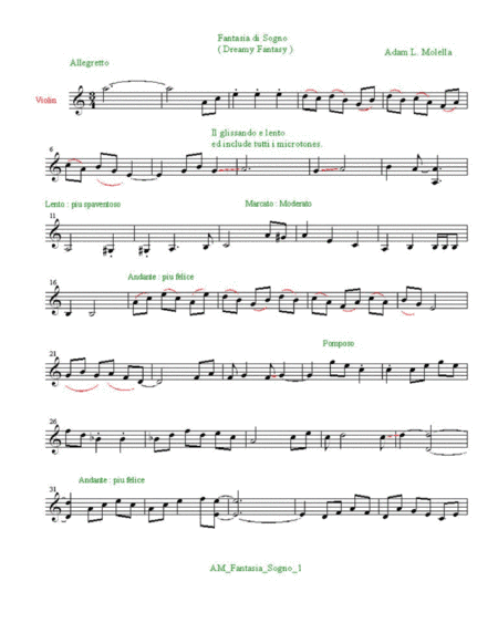 Dreamy Fantasy : Fantasia di Sogno three page violin solo .