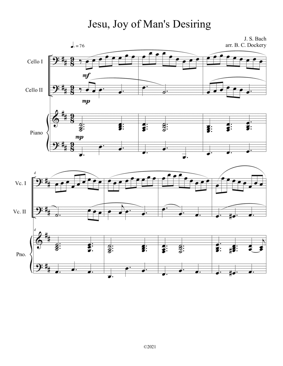 Jesu, Joy of Man's Desiring (Cello Duet) with optional piano accompaniment (arr. B. C. Dockery)