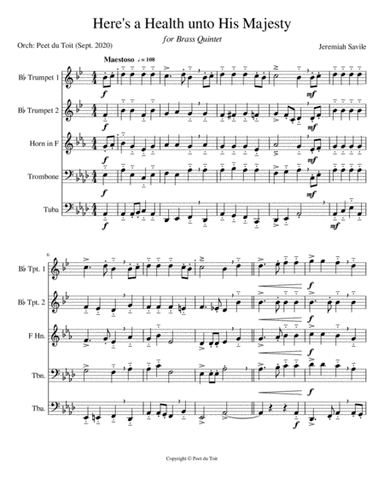 Here's a Health unto His Majesty - Jeremiah Savile (Brass Quintet) (arr. Peet du Toit)