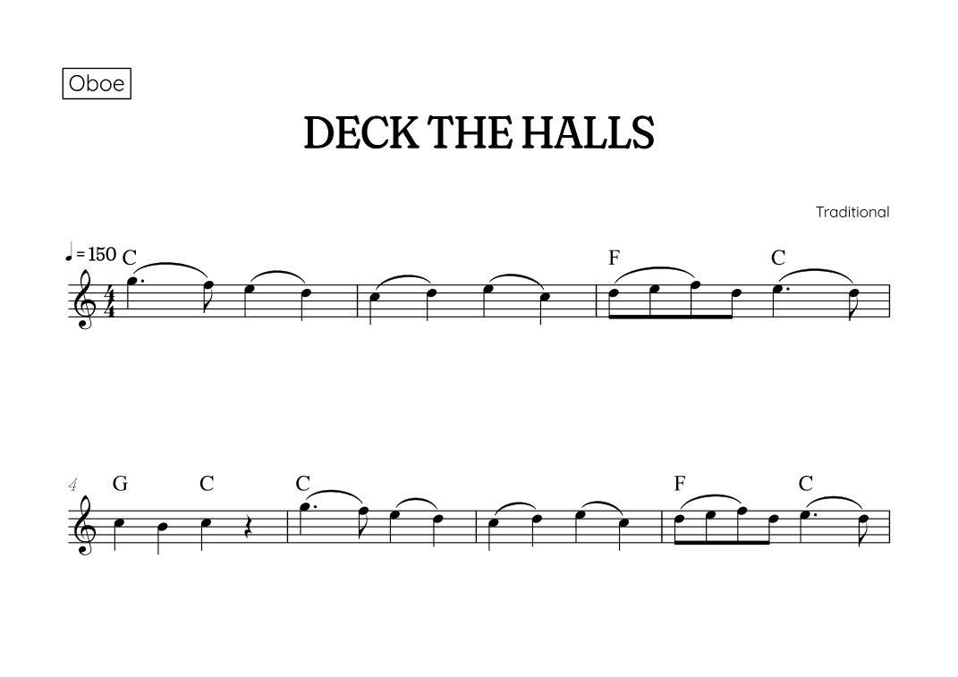 Deck the Halls for oboe • easy Christmas song sheet music with chords (arr. Benzaiten Editions)