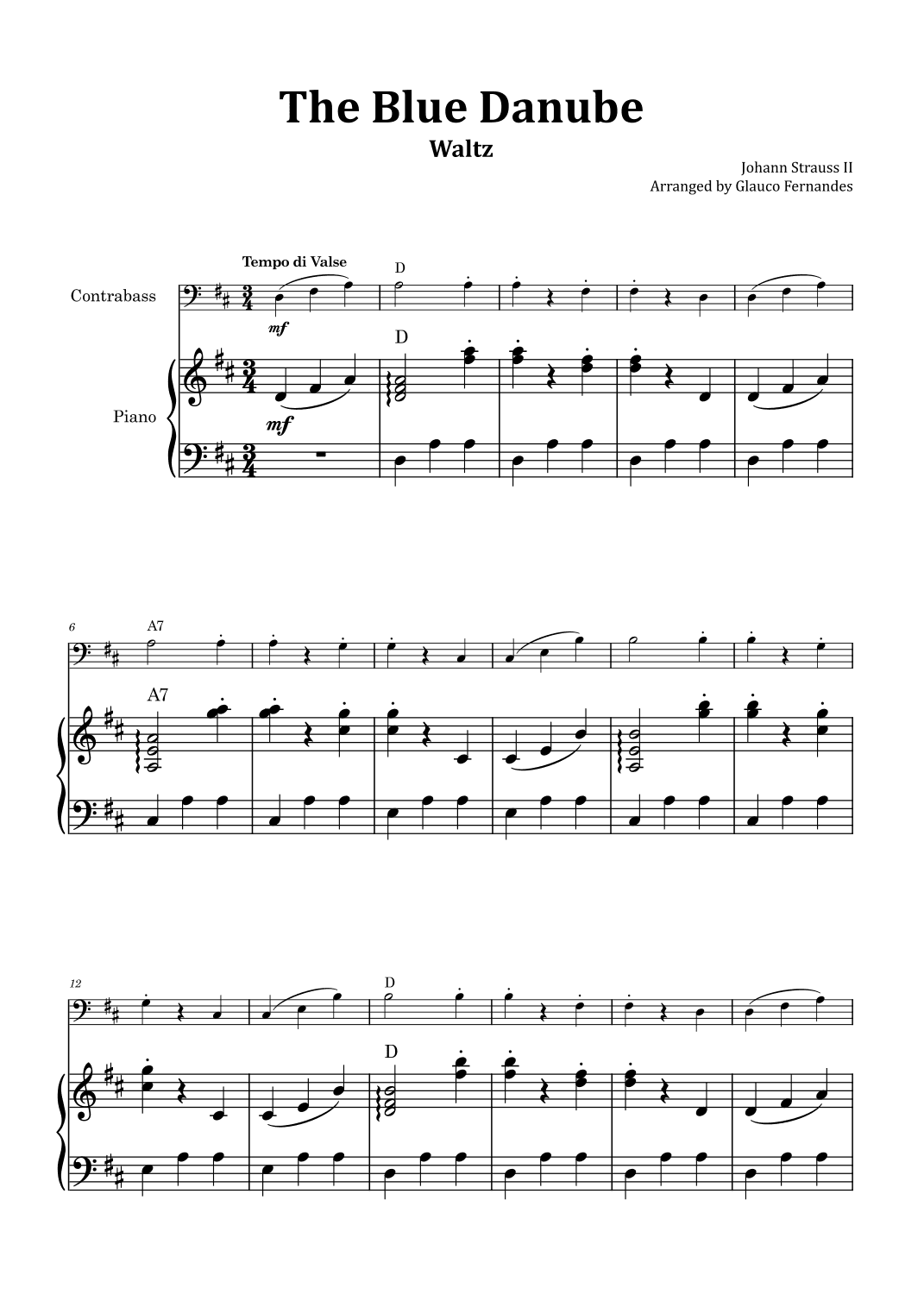The Blue Danube - Double Bass and Piano with Chord Notations (arr. Glauco Fernandes)