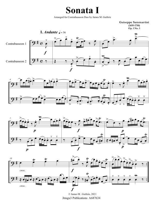 Sammartini: Sonata Op. 1 No. 1 for Contrabassoon Duo (arr. James M. Guthrie)