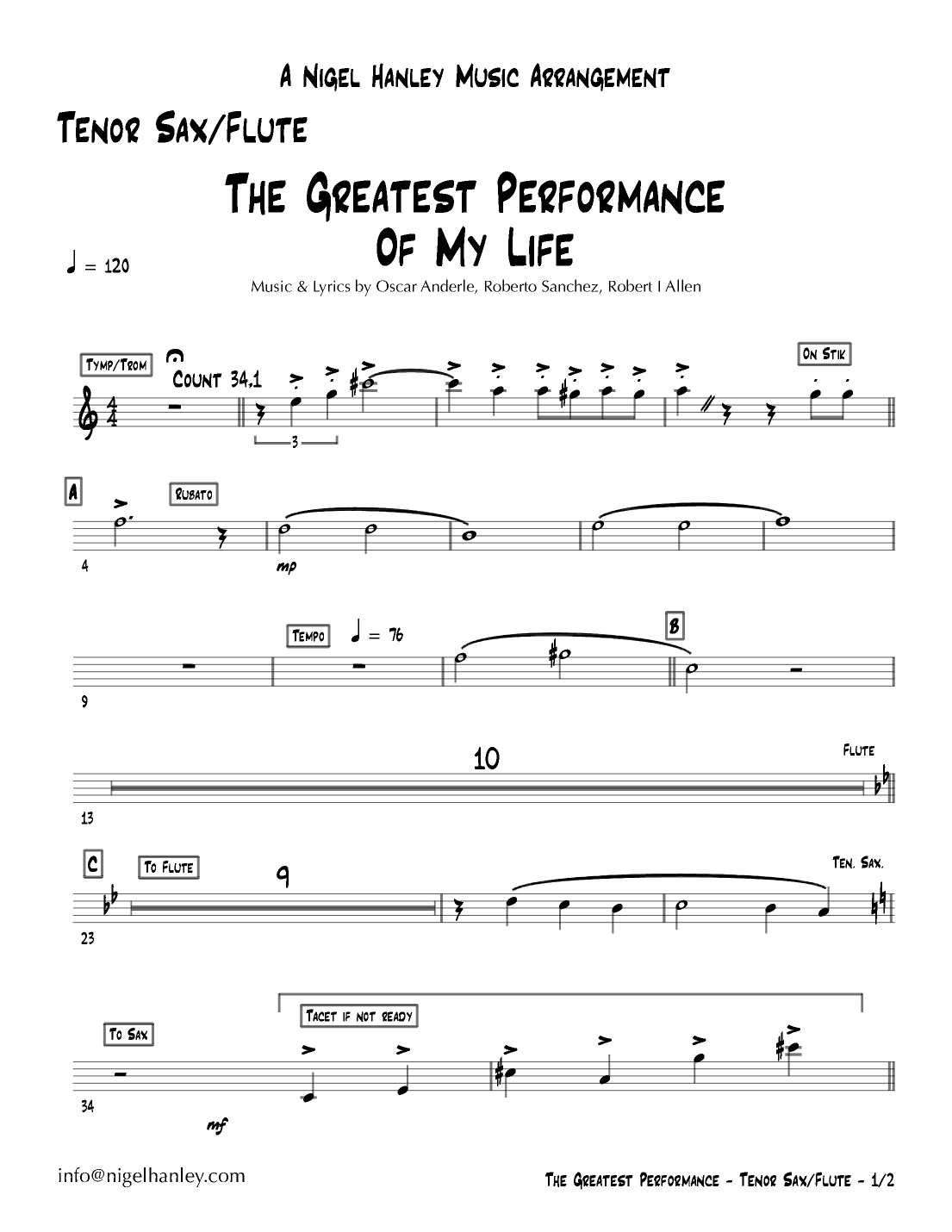 Greatest Performance Of My Life The (arr. Nigel Hanley)