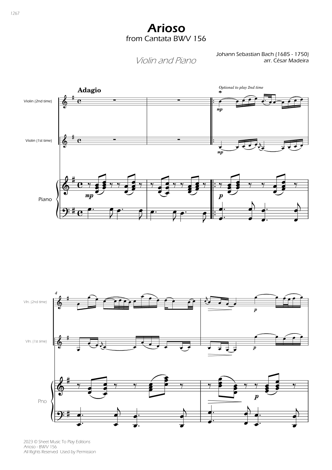 Arioso (BWV 156) - Violin and Piano (Full Score) (arr. César Madeira)