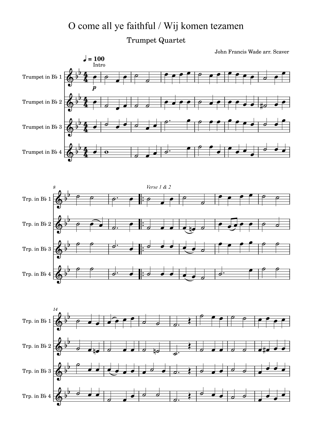 O come all ye faithful / Wij komen tezamen - Trumpet Quartet (arr. Scaver)