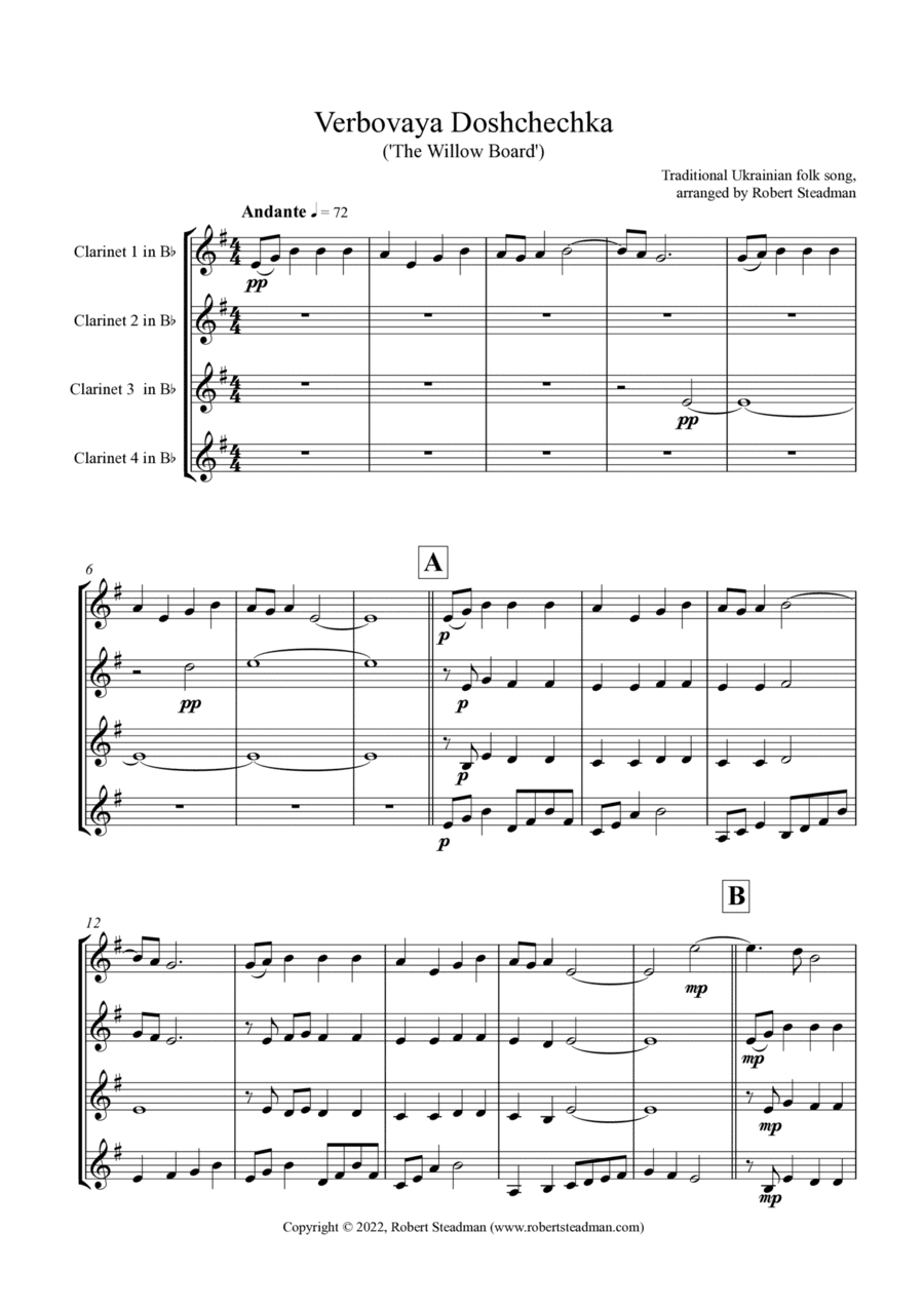 Verbovaya Doshchechka ('The Willow Board') - Ukrainian Folk Song - Clarinet Quartet (arr. Robert Steadman)