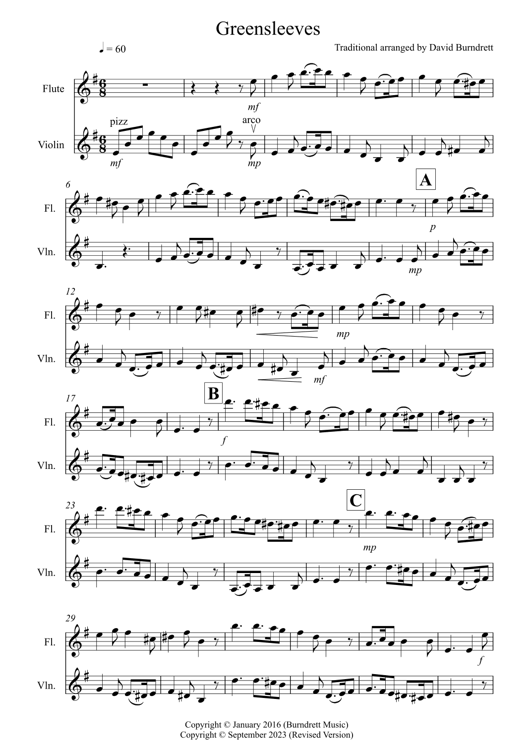 Greensleeves for Flute and Violin Duet (arr. David Burndrett)