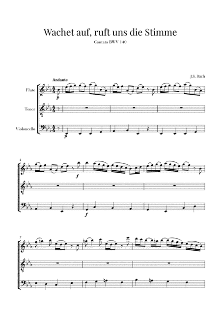 Bach - Wachet auf, ruft uns die Stimme BWV 140 (for Flute, Tenor and Cello) (arr. Cadenza Editions)