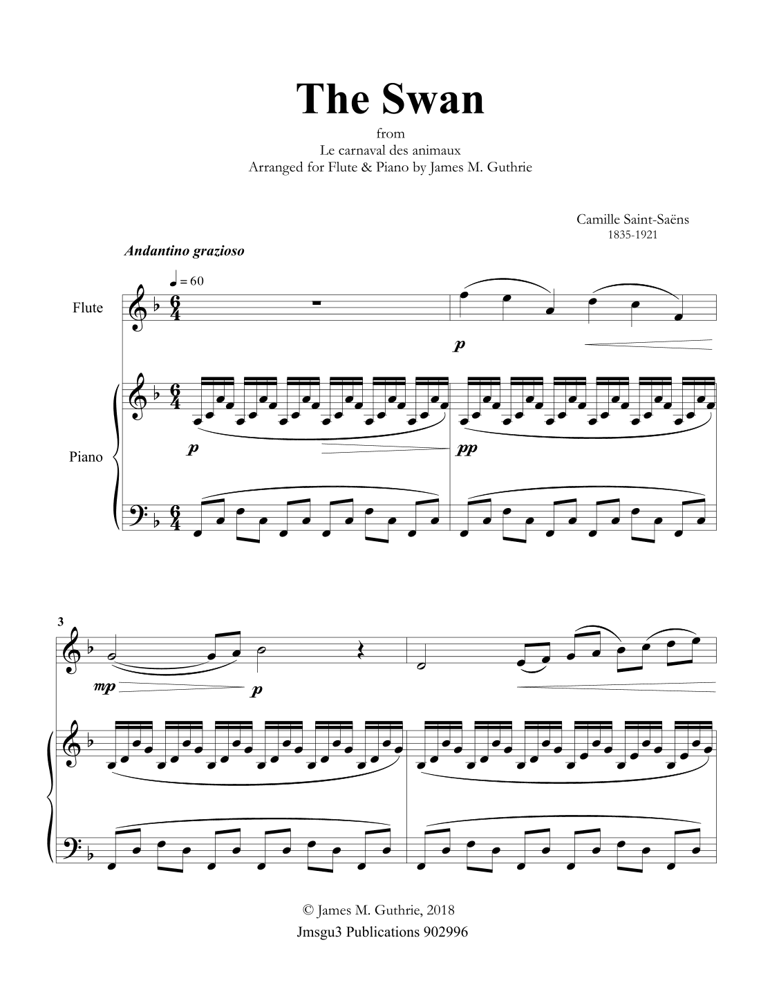 Saint-Saens: The Swan for Flute & Piano (arr. James M. Guthrie, ASCAP)