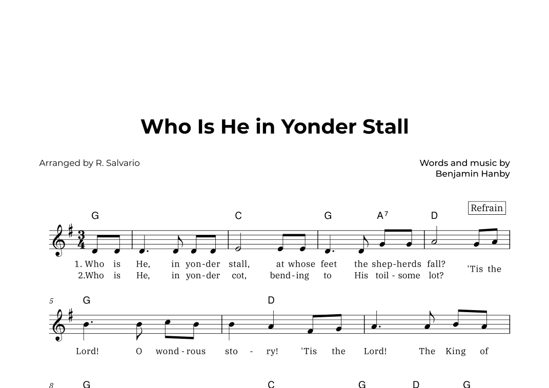 Who Is He in Yonder Stall (Key of G Major) (arr. R. Salvario)