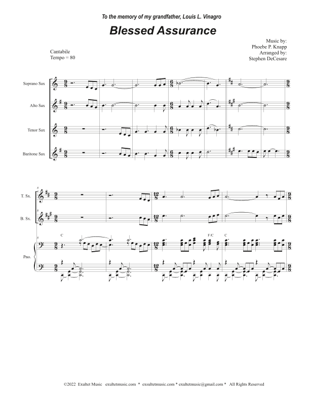 Blessed Assurance (Saxophone Quartet and Piano) (arr. Stephen DeCesare)