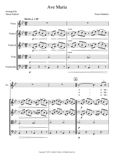 Ave Maria, D. 839 arranged for High Voice and Easy String Quartet in B flat (arr. Ahsan Fathoni)