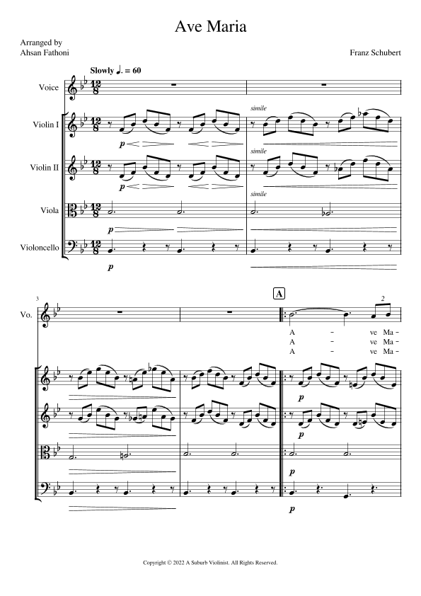 Ave Maria, D. 839 arranged for High Voice and Easy String Quartet in B flat (arr. Ahsan Fathoni)