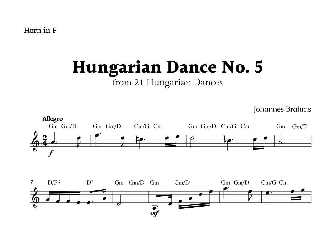 Hungarian Dance No. 5 by Brahms for Horn in F Solo with Chords (arr. Rika K.)