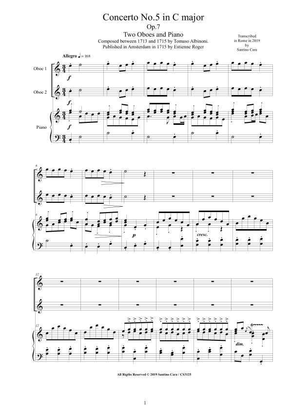 Albinoni - Concerto No.5 in C major Op.7 for Two Oboes and Piano (arr. Santino Cara)