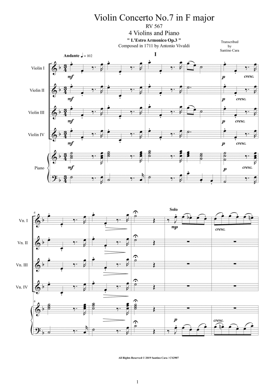 Vivaldi - Violin Concerto No.7 in F major RV 567 Op.3 for 4 Violins and Piano - Score and Parts (arr. Santino Cara)