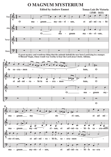 O Magnum Mysterium Motet (Victoria) A Cappella SATB (arr. Edited by Andrew Emmet)