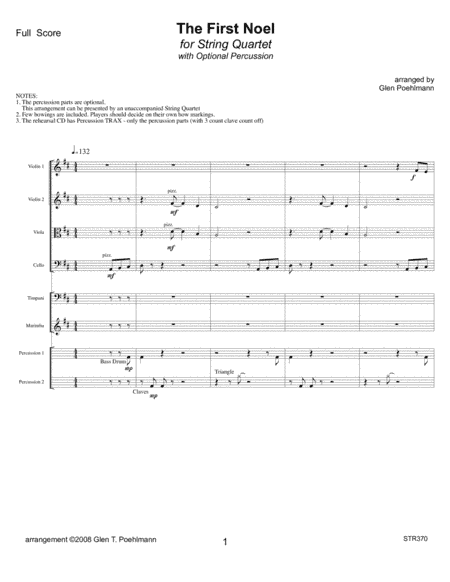 THE FIRST NOEL - STRING QUARTET with optional Percussion (arr. Glen Poehlmann)