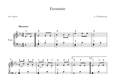 Beethoven Ecossaise sheet music for easy piano with fingering (arr. Arezzo Music)
