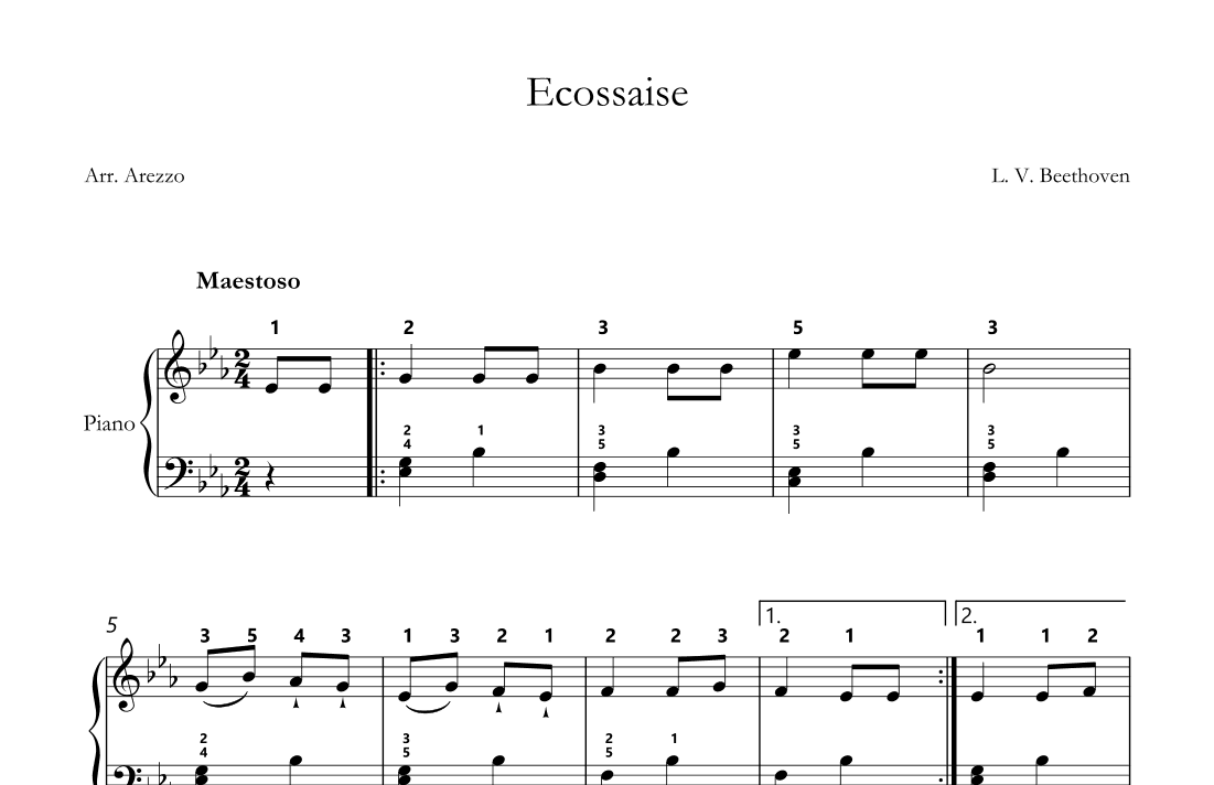Beethoven Ecossaise sheet music for easy piano with fingering (arr. Arezzo Music)
